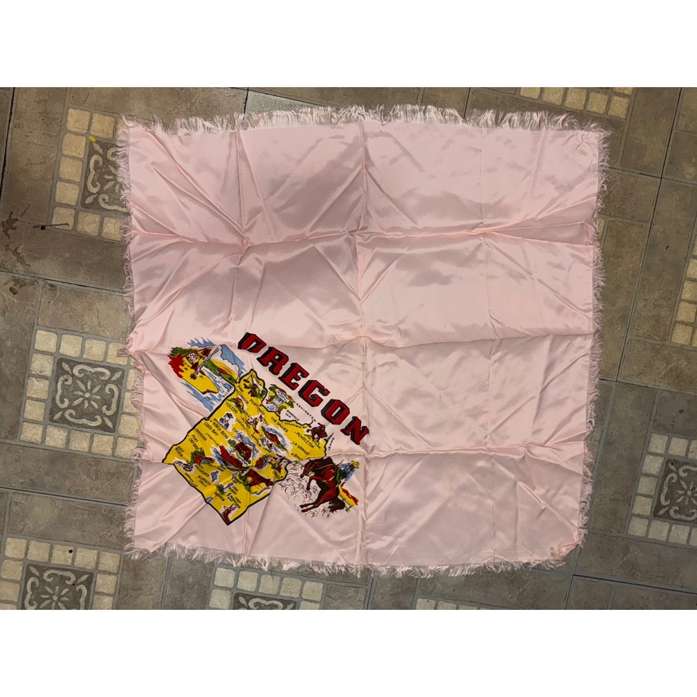 Vintage Oregon State Souvenir Scarf Pink Illustrated Map Fringed Square Scarf